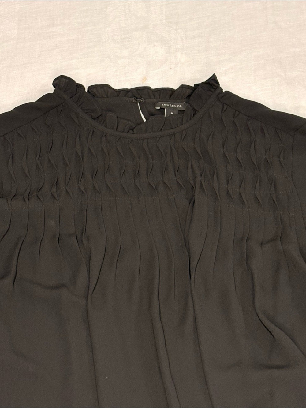 Ann Taylor Black Long-Sleeve Smocked Yoke Blouse medium - Picture 2 of 5